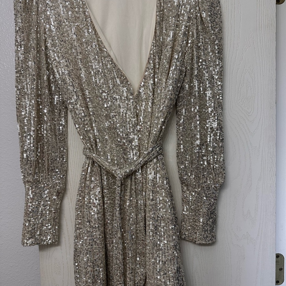 Sequin V-Neck Dress with Belt